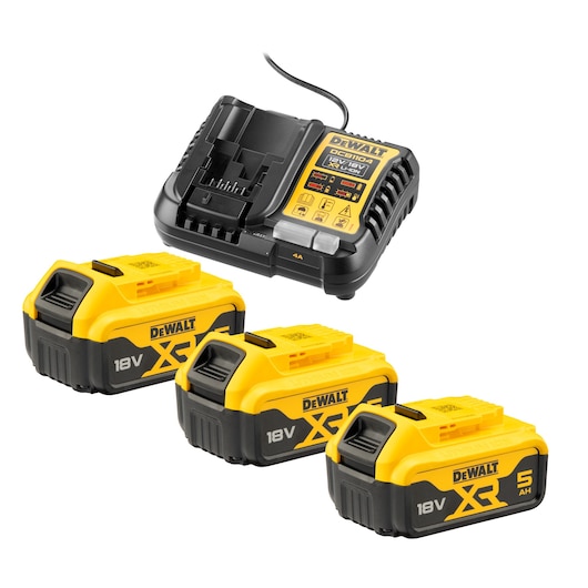 DEWALT charger and three yellow 18V XR lithium-ion batteries with 5Ah capacity, shown on white background.