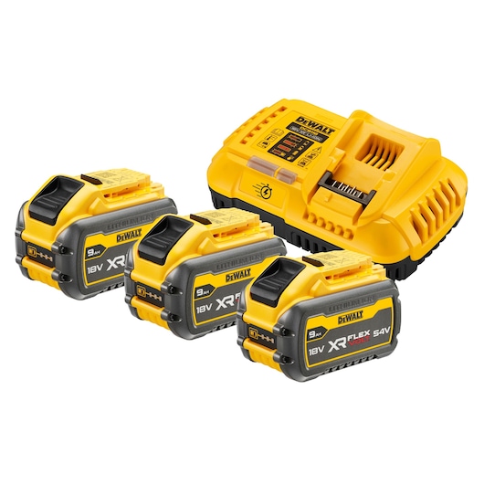 DEWALT battery charger set including three 18V XR FLEXVOLT lithium-ion batteries and one yellow battery charger.