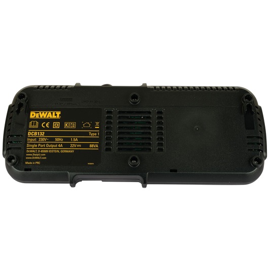 Bottom view of a DEWALT DCB132 black dual port battery charger with yellow product label displaying specifications and ventilation slots.