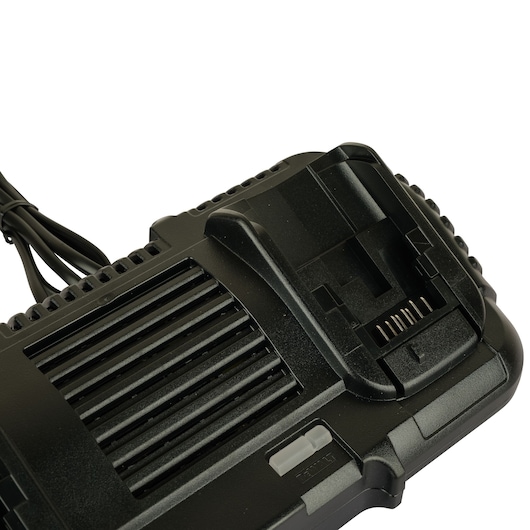 Close-up view of a DEWALT DCB132 black battery charger for power tools, showing the charging slot and power cord.