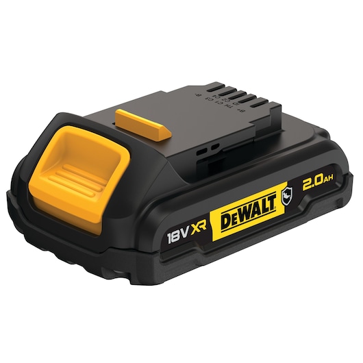 DEWALT DCB183G 18V XR 2.0Ah battery pack for power tools, black and yellow, rectangular shape.