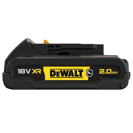 DEWALT 18V XR 2.0Ah rechargeable battery for power tools, shown in black and yellow color.