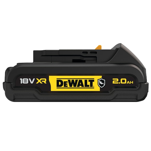 DEWALT 18V XR 2.0Ah lithium battery, black and yellow, shown from front view on white background.