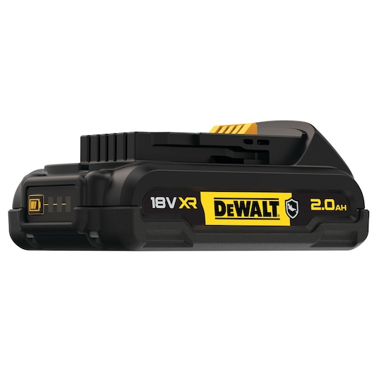 DEWALT 18V XR 2.0Ah rechargeable battery in black with yellow branding, shown from the side.