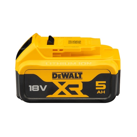 A DEWALT XR 18V 5Ah lithium-ion battery pack, featuring yellow and black coloring with brand and specifications printed on the side.