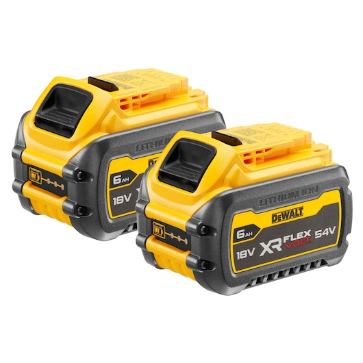 Two DEWALT XR FLEXVOLT lithium-ion batteries, each with 6 Ah capacity, 18V and 54V dual voltage, used for power tools.