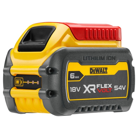 DEWALT XR FlexVolt 18V/54V Lithium Ion 6Ah rechargeable battery with yellow, black, and red casing, featuring DEWALT branding and battery status indicator.