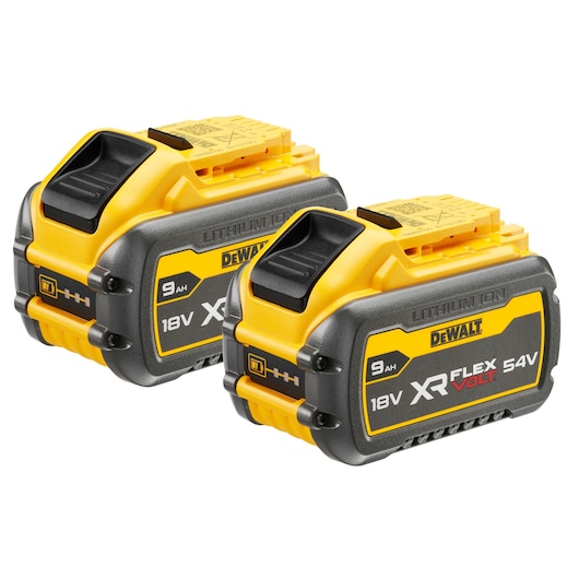 Two DEWALT XR FLEXVOLT Lithium-Ion power tool batteries, each with 9Ah capacity, 18V and 54V compatibility, shown side by side.