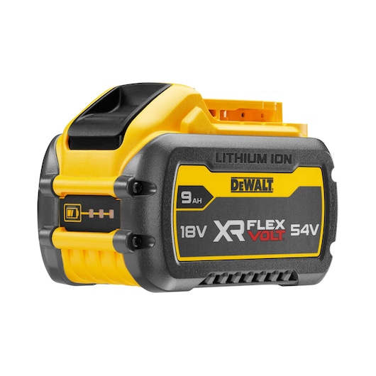 A DEWALT XR FLEXVOLT lithium ion battery with yellow and black design. The battery is labeled as 9Ah, 18V, and 54V, and features a power indicator on its side.
