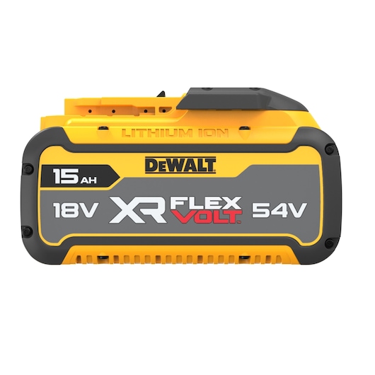 DEWALT XR FLEXVOLT 18V/54V lithium-ion battery, 15Ah, yellow and gray, model DCB549 for power tools.