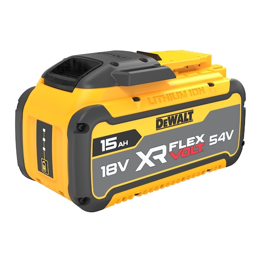 DEWALT XR FLEXVOLT 54V/18V 15Ah lithium-ion battery pack with yellow and black casing.