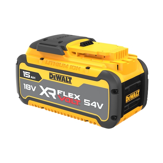 DEWALT XR FLEXVOLT 18V/54V lithium-ion battery, 15Ah capacity, black and yellow, for power tools.