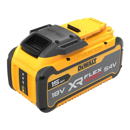 DEWALT XR FLEXVOLT 18V/54V lithium-ion battery, 15Ah, yellow and black, for power tools.
