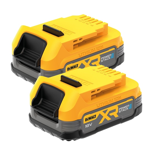 Two DEWALT XR Powerstack 18V lithium-ion batteries with yellow and gray casing, shown side by side.