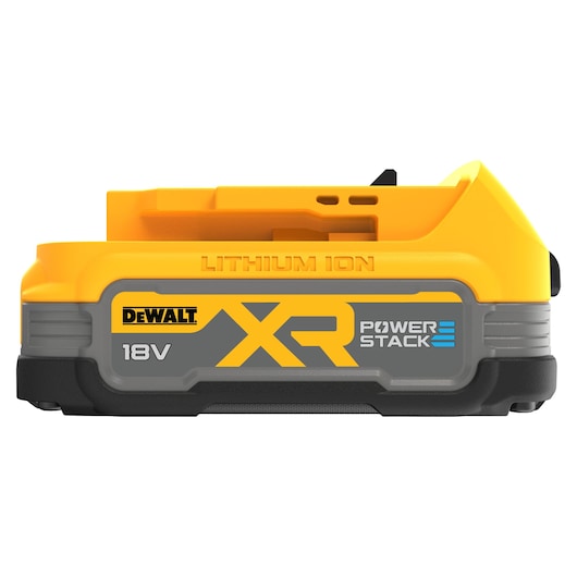 DEWALT XR Powerstack 18V lithium ion battery, yellow and gray, shown side view against white background.