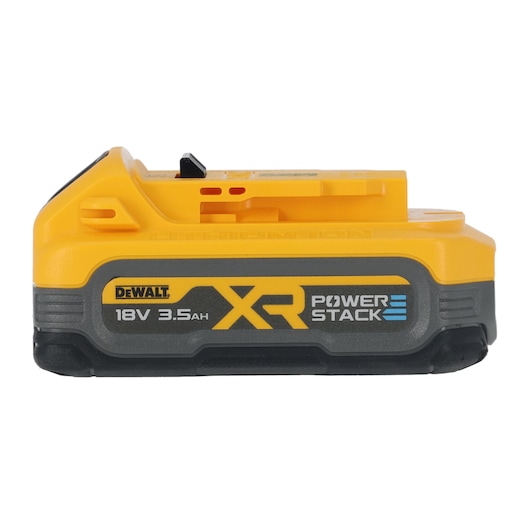 DEWALT XR Power Stack 18V 3.5Ah lithium-ion battery, yellow and black, side view.
