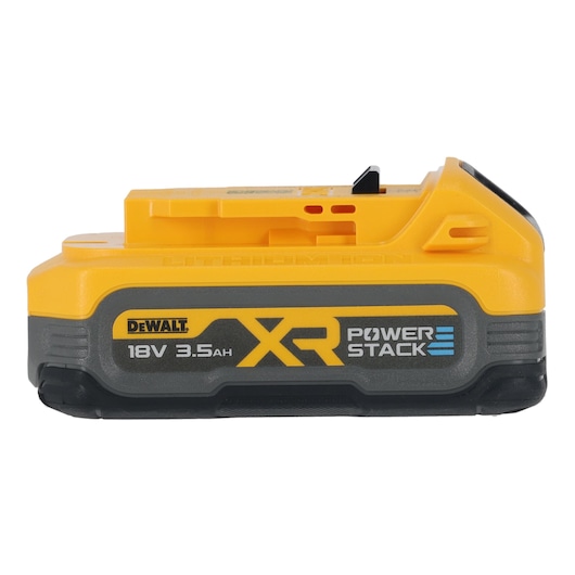 DEWALT XR Powerstack 18V 3.5Ah lithium-ion battery with yellow and black casing, side view.