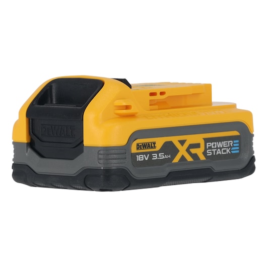 DEWALT XR Power Stack 18V 3.5Ah rechargeable battery for power tools, yellow and black compact design.