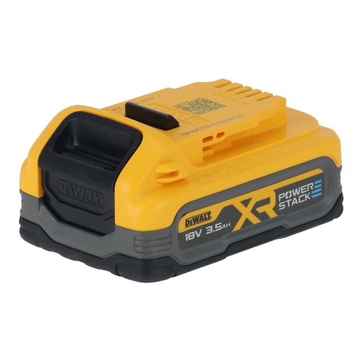 DEWALT XR POWERSTACK 18V 3.5Ah lithium-ion battery with yellow and black casing, shown from an angle.