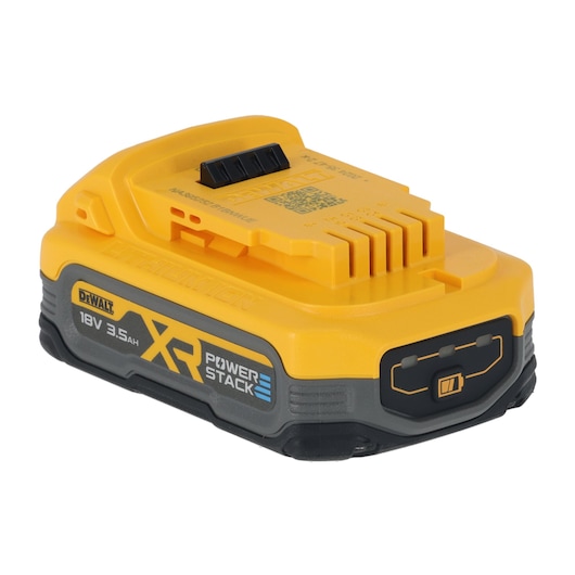 DEWALT XR Powerstack 18V 3.5Ah lithium-ion battery for power tools, shown in yellow and black.