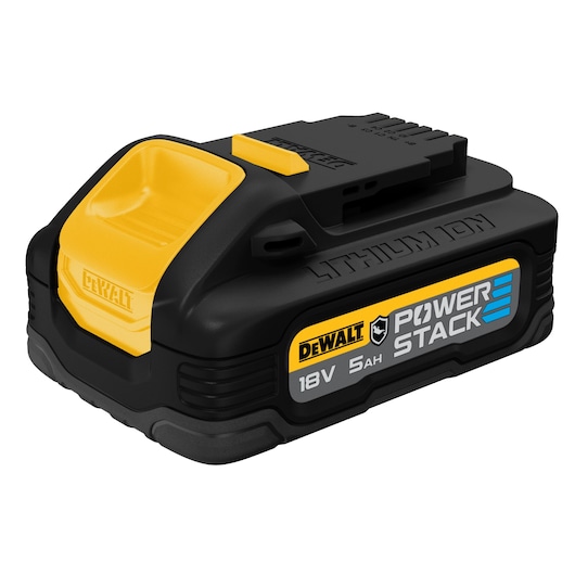 DEWALT POWERSTACK 18V 5Ah lithium-ion battery with yellow and black design, product model DCBP518G.