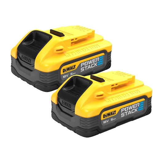 Two yellow and black DEWALT POWERSTACK 18V 5Ah lithium-ion batteries are shown side by side on a white background.