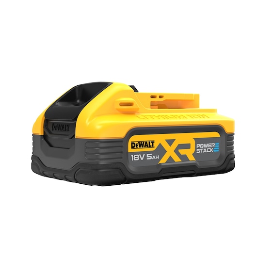 DEWALT 18V XR Powerstack battery pack, 5Ah capacity, yellow and black, for power tools.