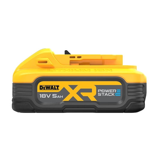 DEWALT 18V 5Ah XR Powerstack lithium-ion battery with yellow and black casing, side view.