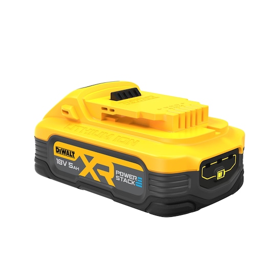 DEWALT 18V XR Power Stack lithium-ion battery, yellow and black, for power tools.