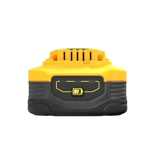 Front view of a DEWALT DCBP518 rechargeable battery with yellow and black casing on white background.