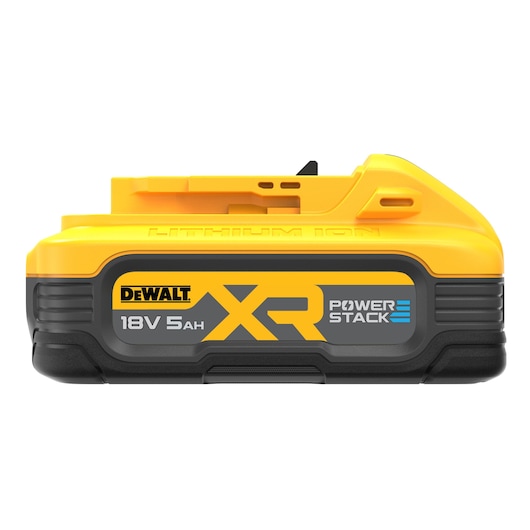 DEWALT XR POWERSTACK 18V 5Ah lithium-ion battery with yellow and black casing shown from the side.