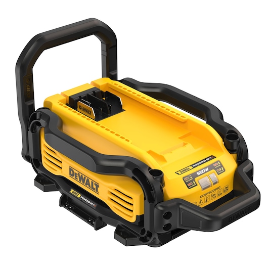 A DEWALT portable power station, model DCBPSC0550, featuring a yellow and black design with a handle and slots for battery packs. The front panel displays the DEWALT logo, control labels, and specifications.