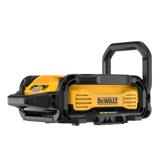 A DEWALT portable power supply unit with a yellow and black rugged casing, carrying handle, and vented sides.