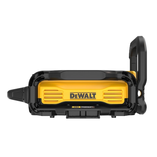Front view of a DEWALT PowerShift photography product, featuring a yellow and black casing with the DEWALT logo visible in the center.