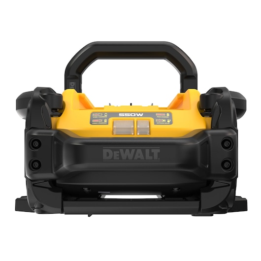 Front view of a DEWALT portable power station, model DCBPSC0550, featuring a yellow and black design with a handle on top and visible control buttons.