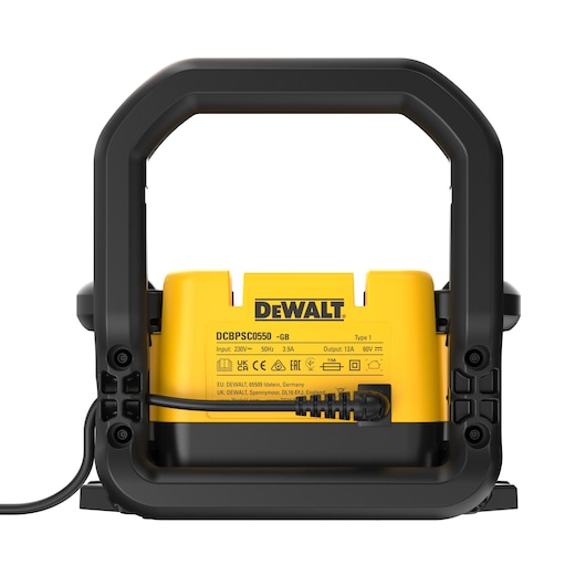 Rear view of a DEWALT DCBPSC0550 battery charger in black and yellow, showing power cord and label with technical specifications.