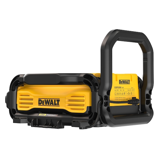 A yellow and black DEWALT portable device with a handle, model DCBPSC0550, showing vents and a label with technical specifications.