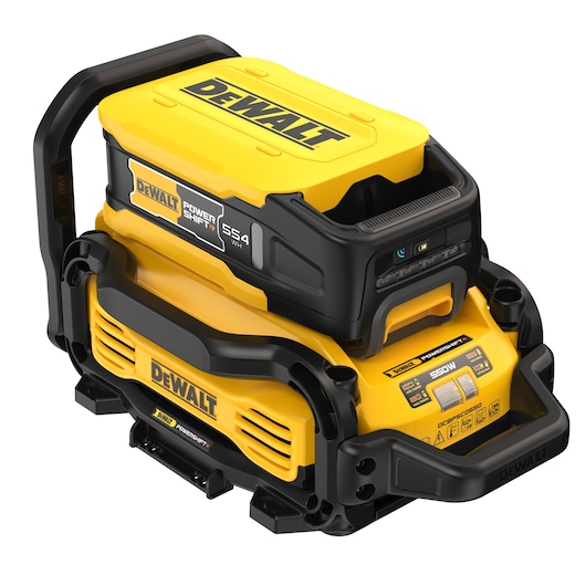 A DEWALT Power Shift DCBPSC0550 photography power supply unit with a yellow and black housing, multiple labeled interfaces, and a sturdy handle.