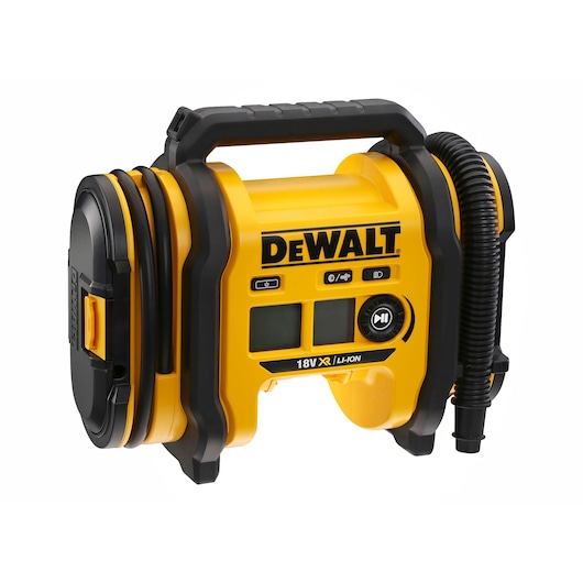 A DEWALT portable 18V XR Li-Ion air compressor with a handle, digital display, and hose attachment, shown against a white background.