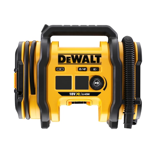 Front view of a DEWALT 18V XR Li-Ion portable air inflator with a handle on top, black hose attached, and control buttons on the front.