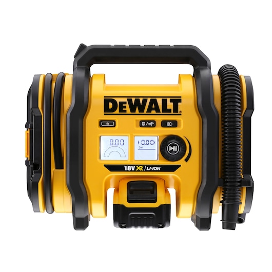 Front view of a DEWALT 18V XR Li-Ion portable air compressor with a digital display, yellow and black body, and a flexible hose attached.
