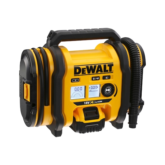 A DEWALT portable air inflator, model DCC018N, with a yellow and black design, digital display, flexible air hose, and carrying handle. The device is powered by an 18V XR Li-Ion battery.