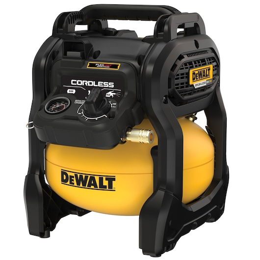 DEWALT cordless air compressor with yellow tank and black controls, suitable for portable use.