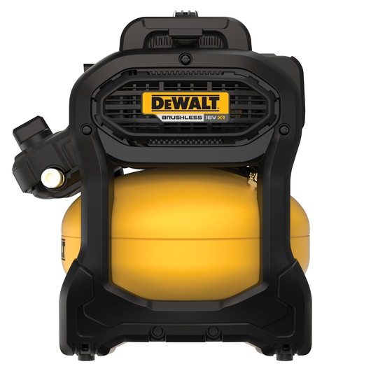 DEWALT 18V XR brushless air compressor with yellow tank and black frame, front view on white background.