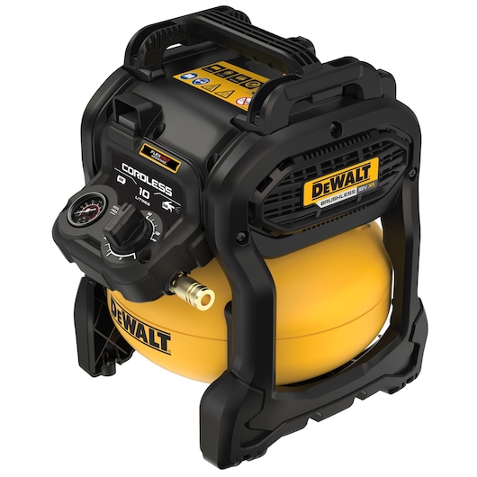 DEWALT cordless 18V brushless air compressor with a yellow tank and black casing, model DCC1018N.
