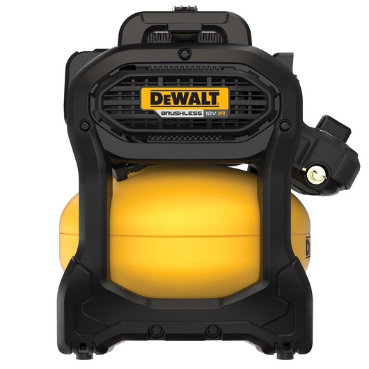 Front view of a DEWALT 18V XR brushless portable air compressor with a yellow tank and black frame.