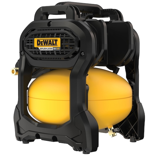 DEWALT 18V XR brushless portable air compressor with yellow tank and black housing.