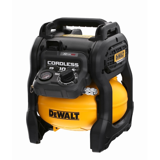 A DEWALT cordless air compressor with a yellow tank, black handle, and control panel featuring a gauge and dial. The product is compact and portable, designed for easy transport.