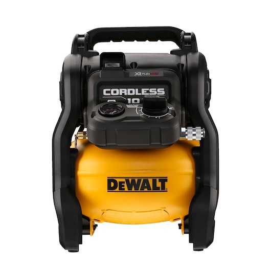 Front view of a DEWALT cordless portable air compressor with a yellow tank, black casing, and handle.