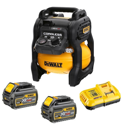 A DEWALT cordless air compressor with a yellow tank and black casing, accompanied by two XR FlexVolt batteries and a yellow battery charger.